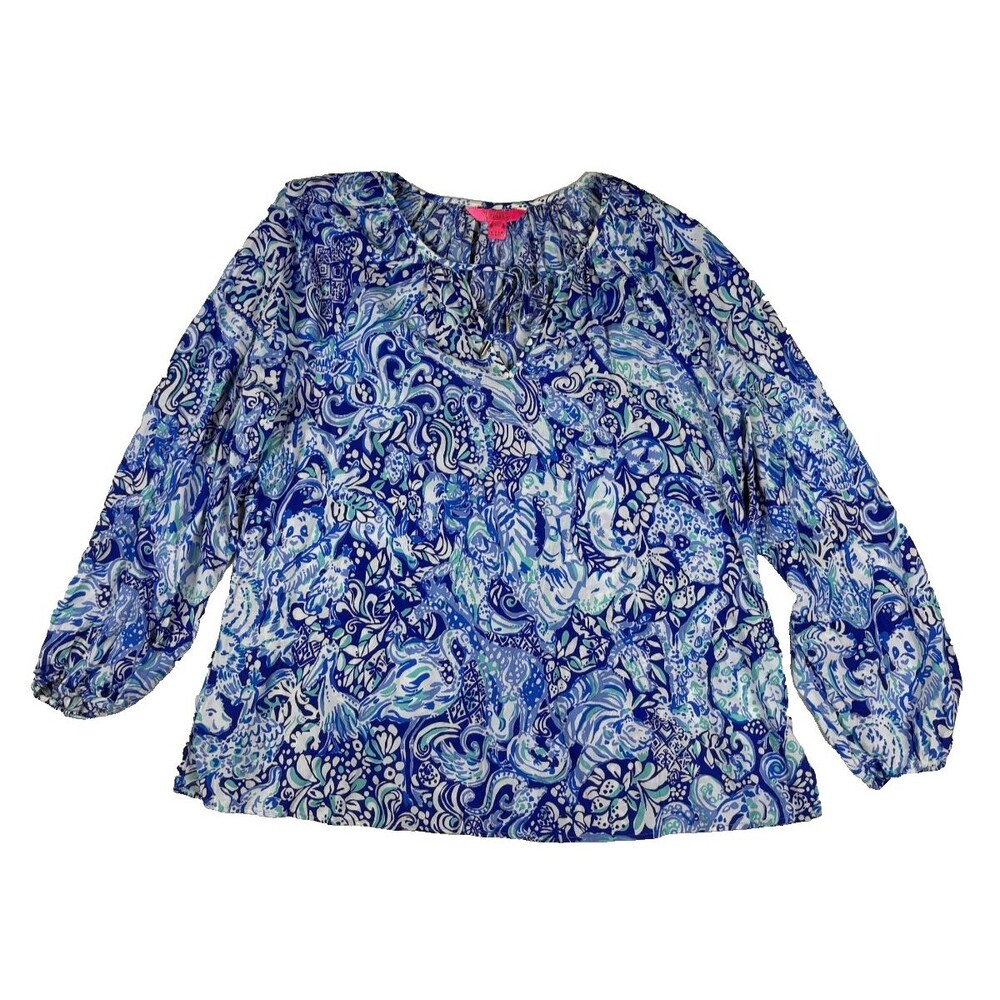 Lilly Pulitzer NWOT Split Neck Long Sleeve Tunic Blouse Blue White Paisley XL